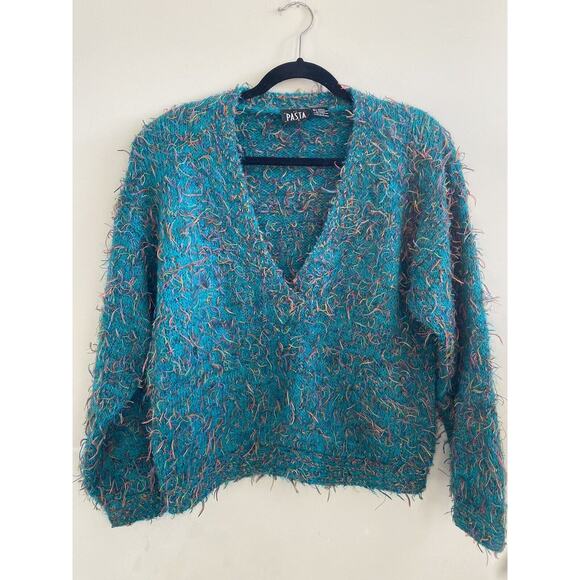 Pasta Women’s Y2K Eyelash Cropped V Neck Sweater Teal Shoulder Pads Large 90s - Picture 1 of 8